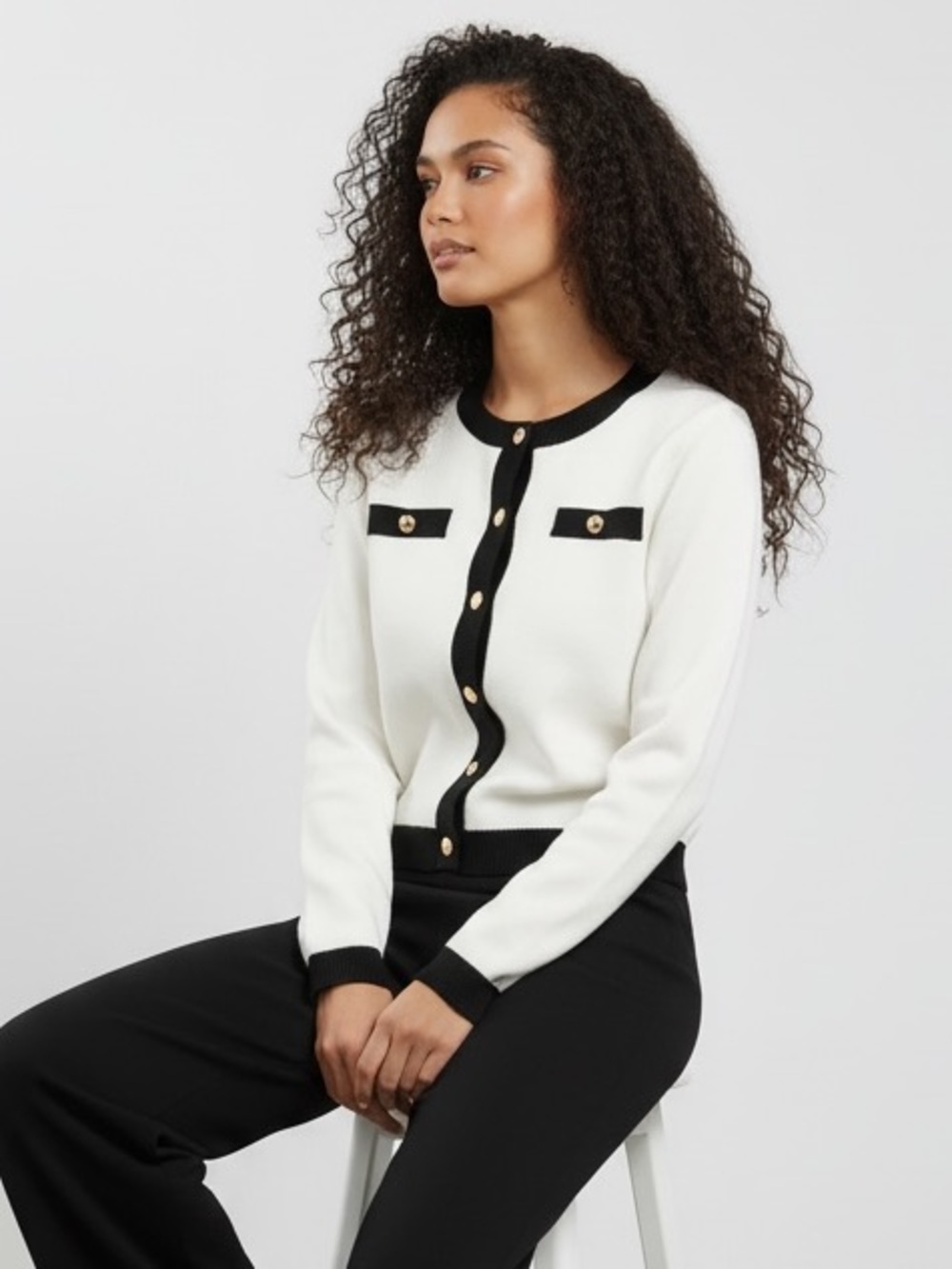 1648 • White Rayon Blend Dash Pocket Cardigan w/Black Trim & Gold Buttons